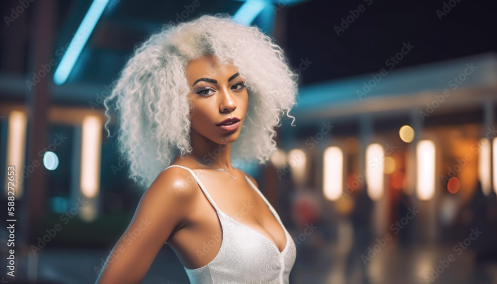 Fototapeta premium Girl all alone in the big city in a night life scene with moody street lights