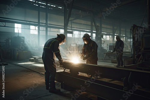 Heavy industrial engineering factory interior with industrial workers using angle grinders and metal pipe cutters, contractors to produce safety uniforms and hard hats, metal structures