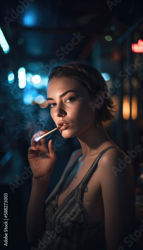 Attractive woman smoking a cigarette outside a bar in a big city at night © Polarpx
