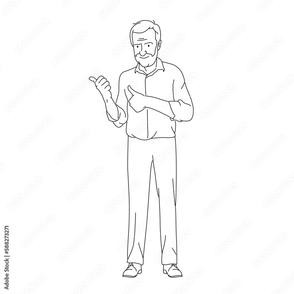 Young Man pointing away hands together and showing or presenting something while standing and smiling. Man pointing copy space. Emotion and body language concept in cartoon style vector illustration. Young Man pointing away hands together and showing or presenting something while standing and smiling. Man pointing copy space. Emotion and body language concept in cartoon style vector illustration.