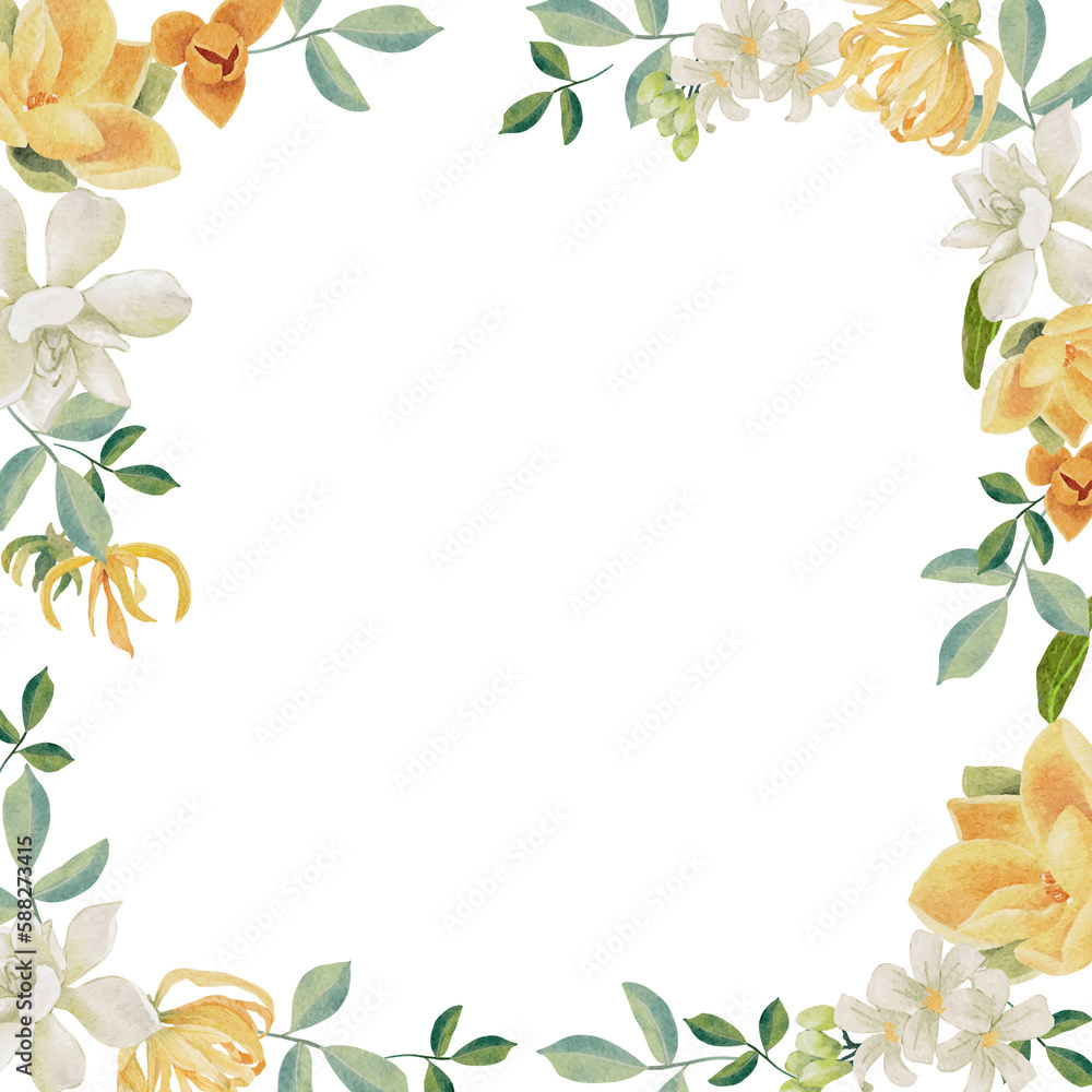 Fototapeta premium watercolor white gardenia and Thai style flower bouquet wreath frame square banner background