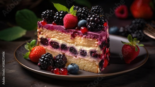 Slice of gourmet fresh berry cake, generative ai