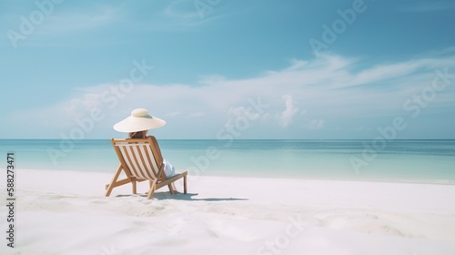 Woman relaxing on tropical beach against paradise ocean. Summer seascape with palm leaves. Generative AI