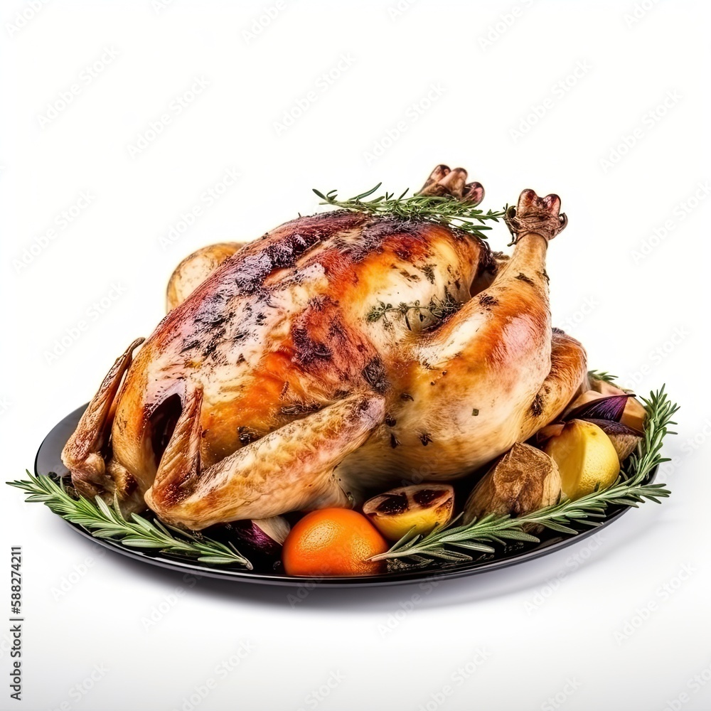 Roasted chicken with herbs and veggies, culinary theme, isolated on white. Generative AI Roasted chicken with herbs and veggies, culinary theme, isolated on white. Generative AI