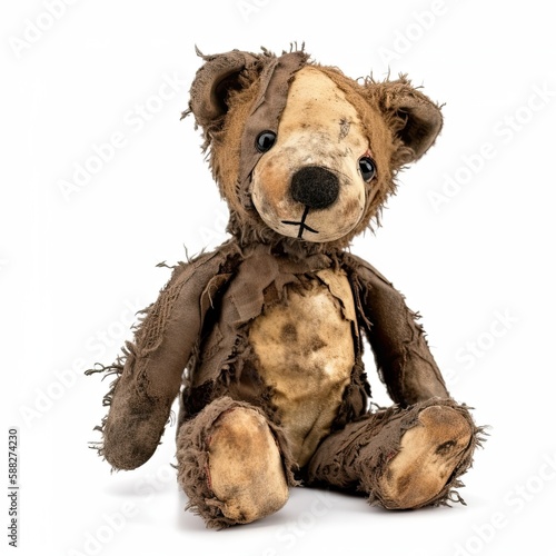 Close up of an old, worn out teddy bear on a white background, showing its ragged texture and nostalgic sentimentality. Generative AI