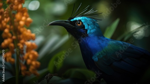 Blue Bird-of-Paradise close up with plants background. Generative AI photo