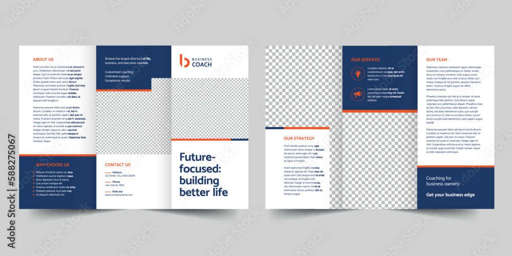 Business Coach trifold brochure template. A clean, modern, and high-quality design tri fold brochure vector design. Editable and customize template brochure Business Coach trifold brochure template. A clean, modern, and high-quality design tri fold brochure vector design. Editable and customize template brochure