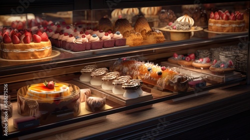 Desserts in bakery case, generative ai