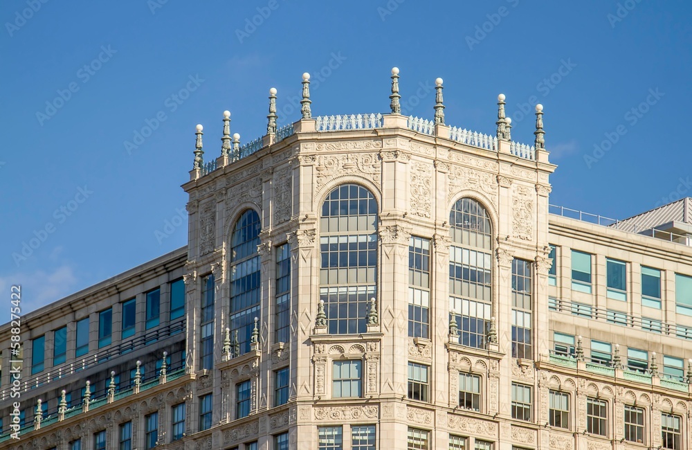 An exterior of a magnificent building under a blue sky