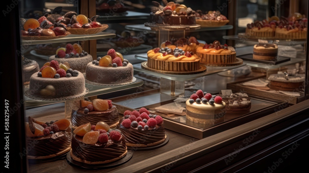 Desserts in bakery case, generative ai