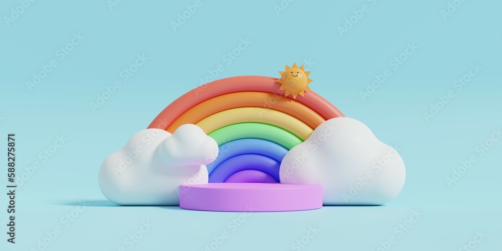 Minimal background.Podium with cloud, sun and rainbow for product presentation. 3d rendering illustration.
