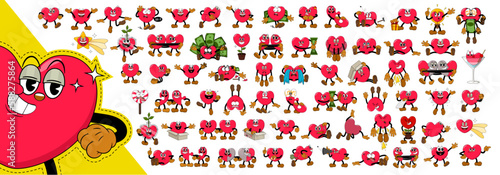 Big set of comic red hearts characters in retro cartoon style on valentine day holiday. Cute comic hearts with funny faces emoticons in cartoon style for any life situation.