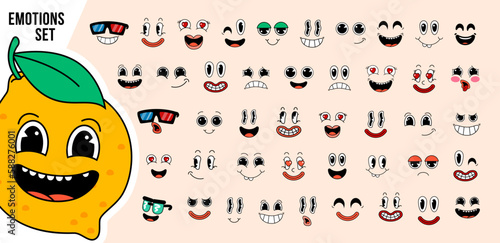 Mega set Cartoon funny faces. Retro cartoon comic faces with different emotional expressions. Caricature emotions. Expressive eyes and mouth, smiling, crying and surprised character face expressions.
