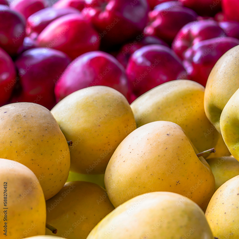 Fresh, organic green apples closeup and red on the blurred background. Sweet and juicy vegan food. Fresh, organic green apples closeup and red on the blurred background. Sweet and juicy vegan food.