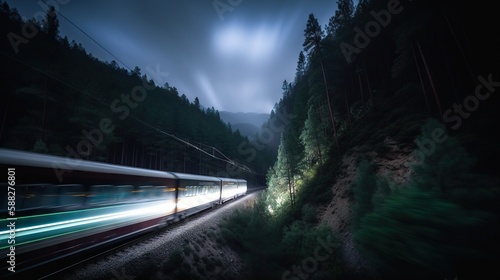 Speed passenger train moving in the night mountains covered with forest. Generative AI