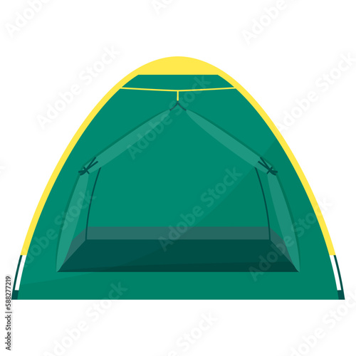 A military and tourist tent for camping or an army expedition, a temporary shelter in the fields of the natural landscape. Vector illustration of a camp tent with an open door for mountaineering.