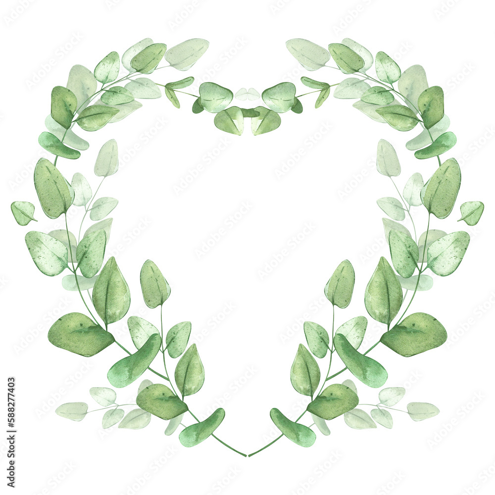 Eucalyptus wreath. Green frame for rustic background. Heart shaped template for banner or wedding invitation. Watercolor illustration with plants.
