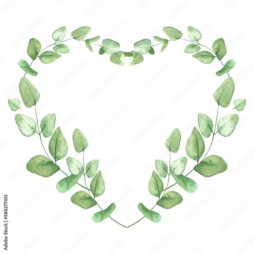 Eucalyptus wreath. Green frame for rustic background. Heart shaped template for banner or wedding invitation. Watercolor illustration with plants.