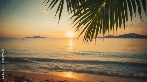 Tropical summer seascape with palm leaves  beach and paradise ocean on sunset. Generative AI