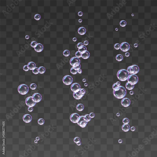 Vector realistic soap bubbles with rainbow reflection isolated on png background. Transparent colorful soap bubbles. Vector design element