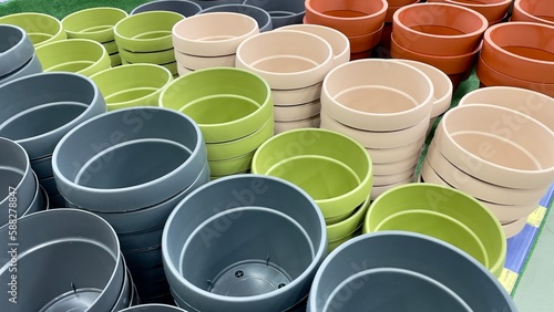Fényképezés Close-up of empty flower pots in a store or greenhouse