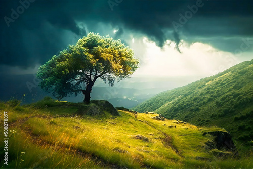 Lone tree on a green hill  stormy sky in background  beautiful light before storm. Created with Generative AI technology.