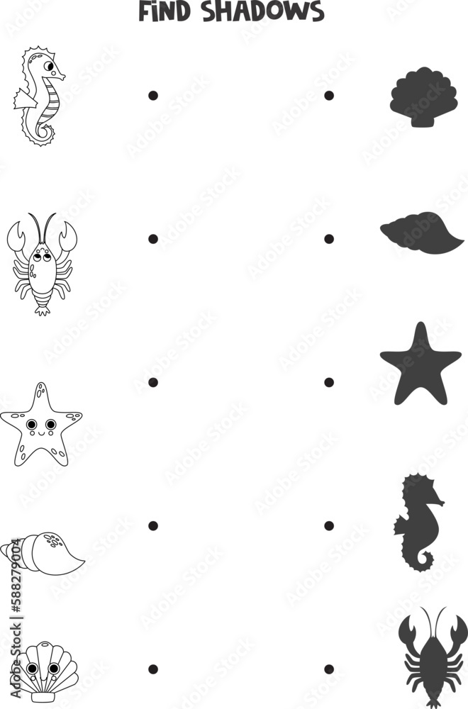 Find the correct shadows of black and white sea animals. Logical puzzle for kids.