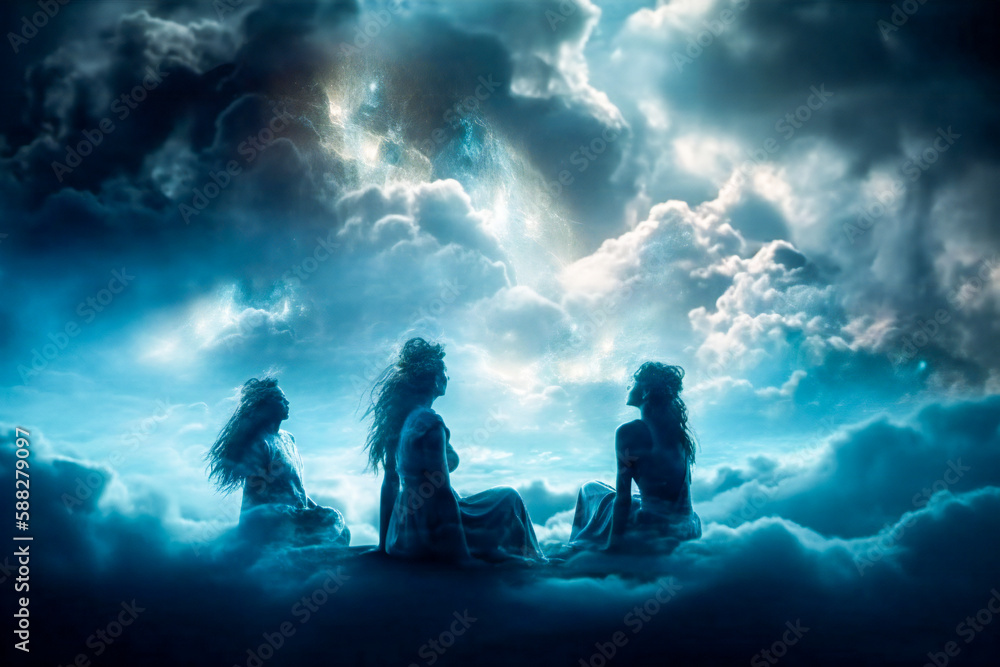 Celestial beings among the clouds. Dream, fantasy, creative and meditative mind concept. Created with Generative AI technology.