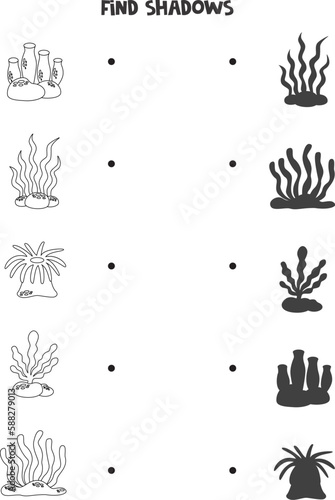 Find the correct shadows of black and white sea weeds. Logical puzzle for kids.