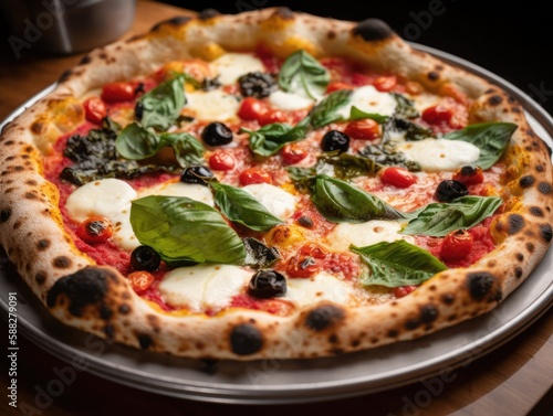A close-up of a freshly-baked Neapolitan pizza