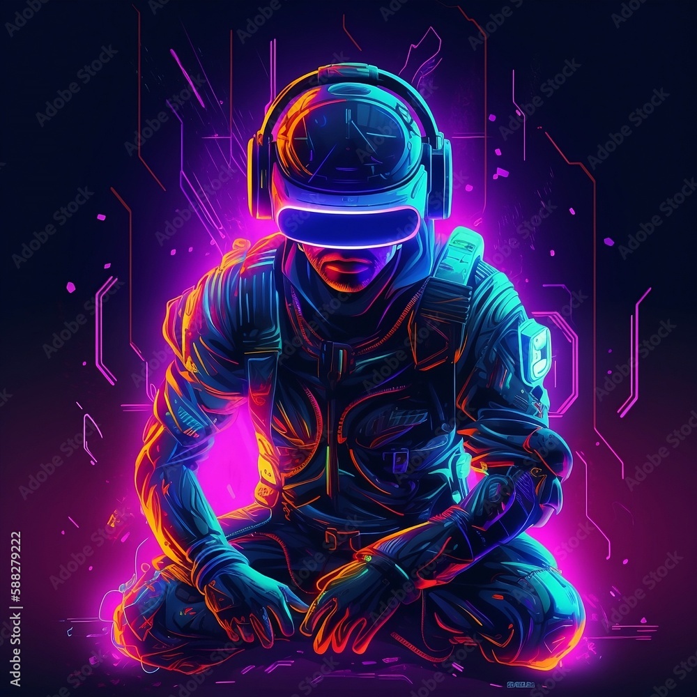 Futuristic VR Gamer in Neon Generative AI Futuristic VR Gamer in Neon Generative AI