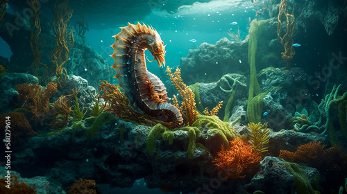 Regal in Blue - The Seahorse and its Underwater Kingdom. Generative AI.