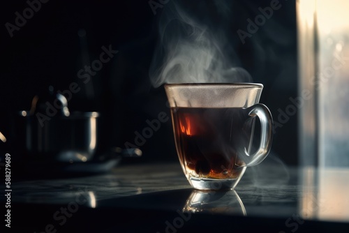 Cup with hot tea on a table in a dark room