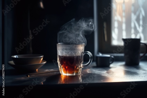 Cup with hot tea on a table in a dark room