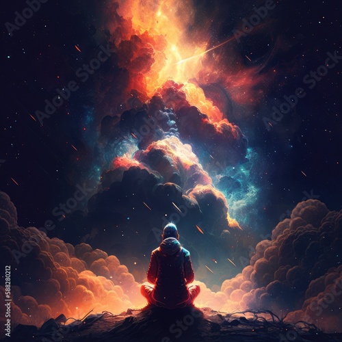 Person meditating in deep space