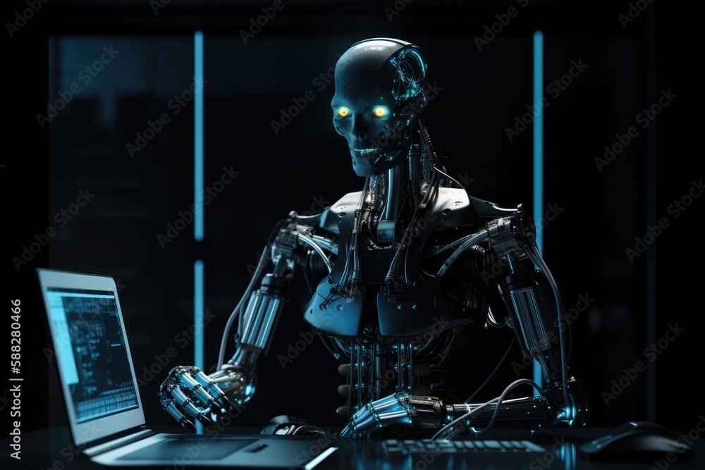 Robot is sitting in front of a big modern computer Robot is sitting in front of a big modern computer
