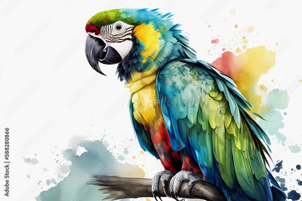 Fototapeta premium Watercolor ara parrot on white background. Generative ai.