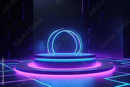 Empty neon podium for product presentation, futuristic concept, created with Generative AI