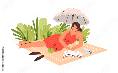 Woman reading paper book in nature. Young girl relaxing outdoors, lying on blanket under umbrella, enjoying fiction literature on summer holiday. Flat vector illustration isolated on white background