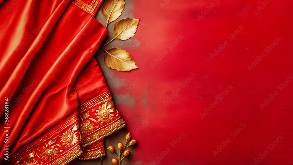 Theatre background made of expensive red fabric with embroidery and gold decorations. Theatrical scenery background suitable for carnaval, festival or theatre event. Copy space, mockup. Generative ai