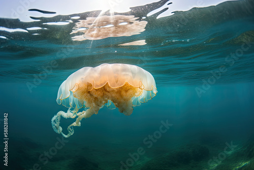 White Jellyfish dancing in the turquoise ocean water. Jellyfish Swimming on Ocean Surface in Bahamas.