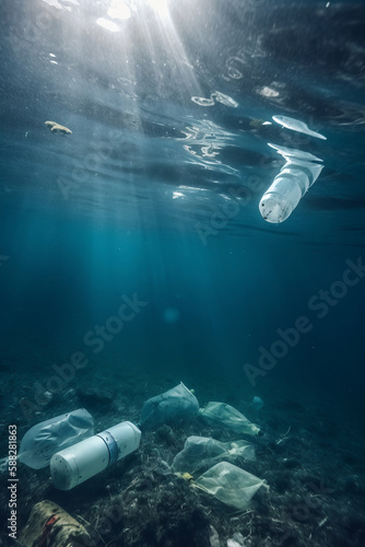 plastic waste and bottles garbage undersea or ocean bottom as wide banner for environmental and recycle concepts. created with AI
