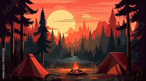 A campsite with a tent and a campfire in the forest. Summer landscape in nature. Generative AI