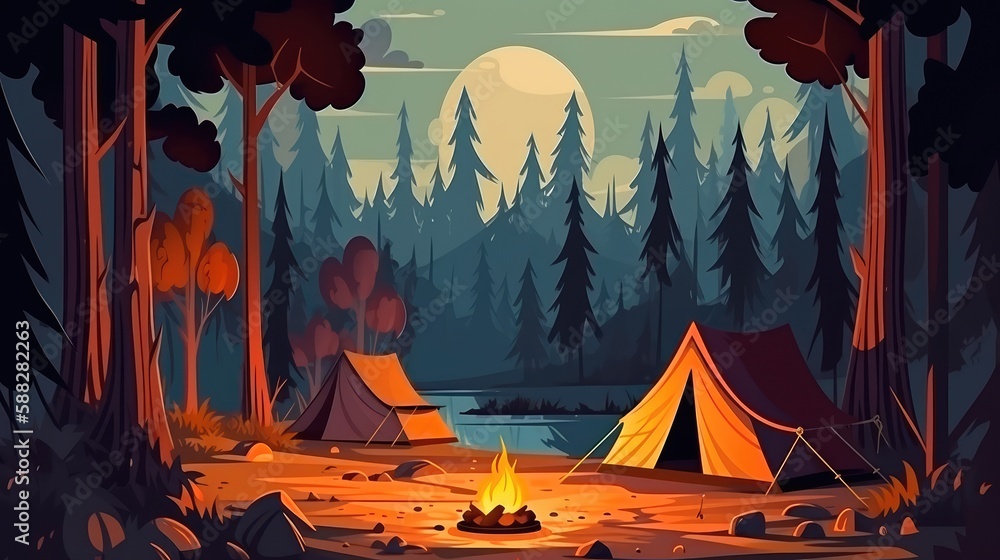 A campsite with a tent and a campfire in the forest. Summer landscape in nature. Generative AI - obrazy, fototapety, plakaty 