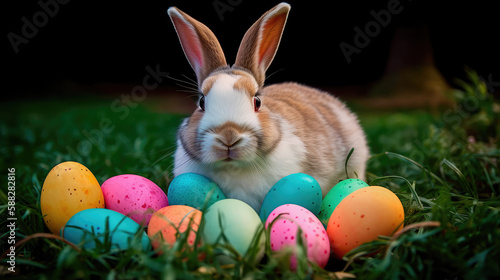 A realistic photograph of a Happy Easter Bunny sitting in a field of green grass, surrounded by colorful Easter eggs. Generative AI