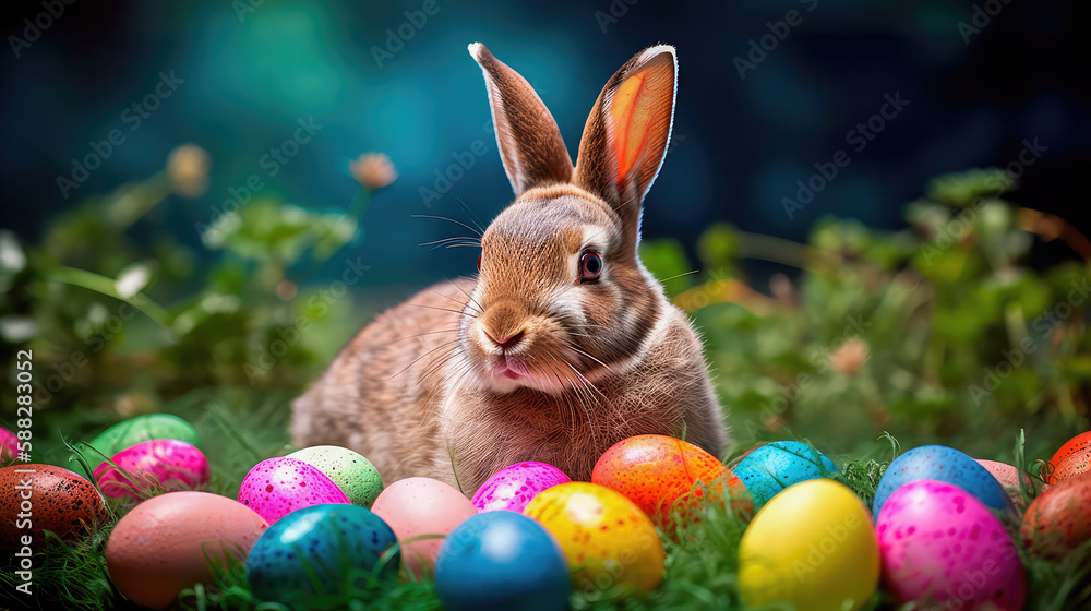 A realistic photograph of a Happy Easter Bunny sitting in a field of green grass, surrounded by colorful Easter eggs. Generative AI A realistic photograph of a Happy Easter Bunny sitting in a field of green grass, surrounded by colorful Easter eggs. Generative AI