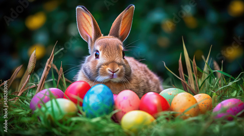 A realistic photograph of a Happy Easter Bunny sitting in a field of green grass  surrounded by colorful Easter eggs. Generative AI