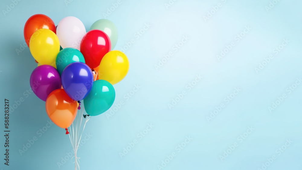 Bunches of bright balloons on light color background. Generative AI