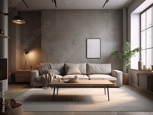 Interior design of modern apartment, living room with sofa and coffee tables 3d rendering, kayuso sejima style. Created using generative AI.