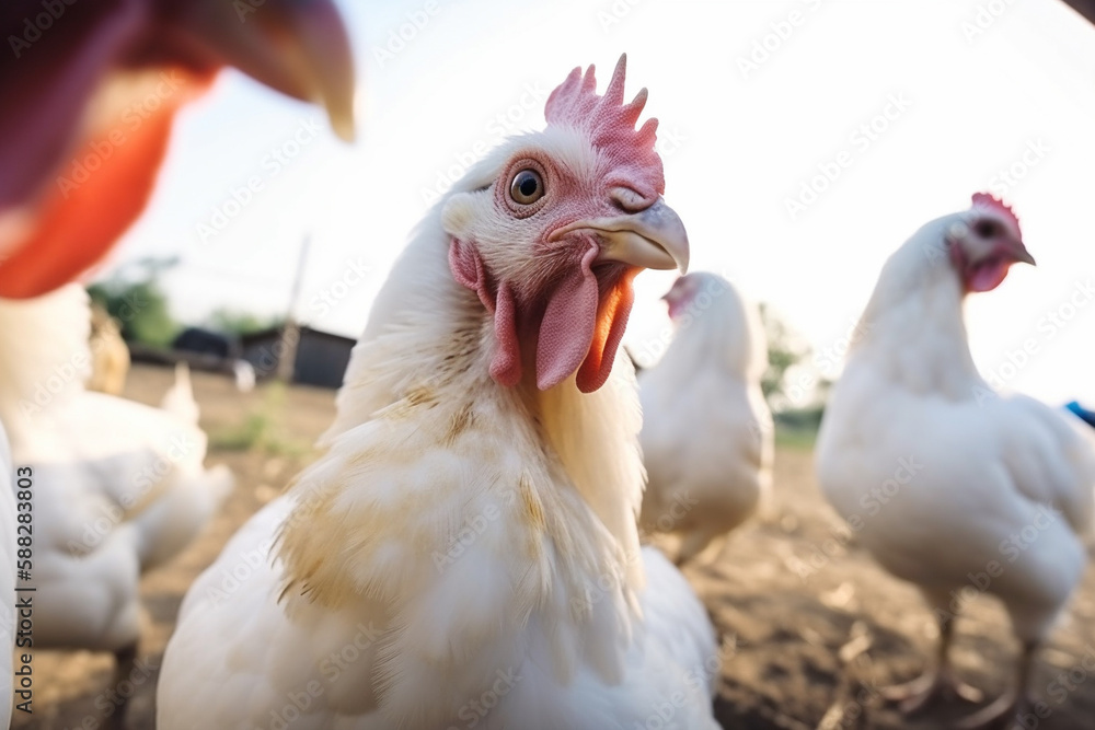 Fototapeta premium Chickens running free on farm, happy animals welfare and free range poultry. Generative AI